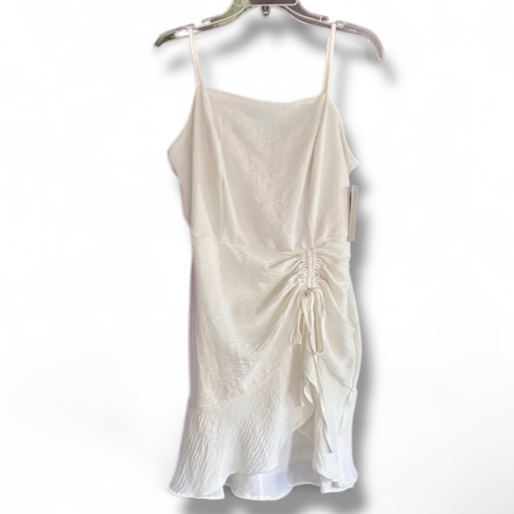 NWT LIZARD THICKET Square Neck Ruched White Dress Minimal Classic Feminine Sz L